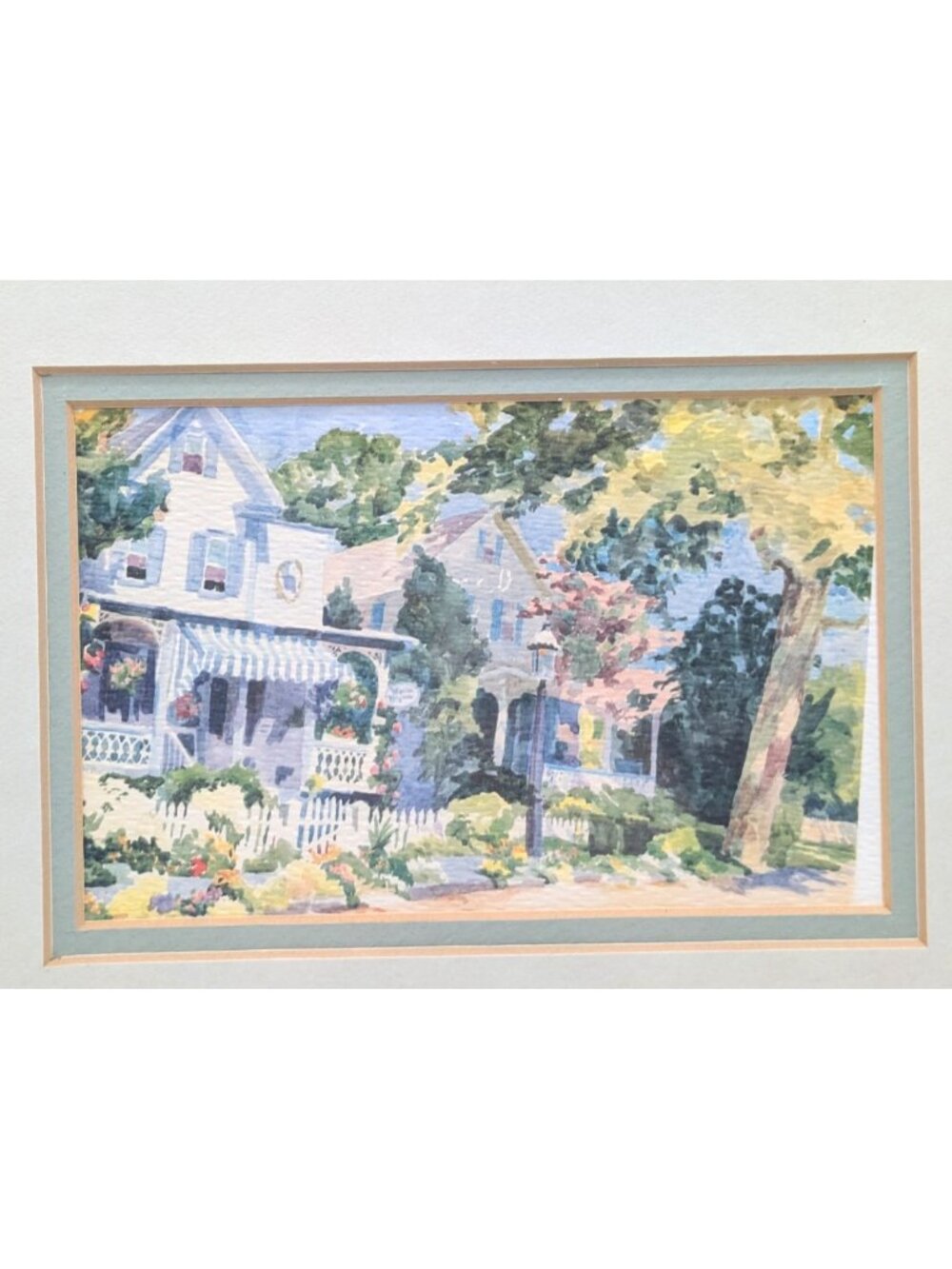 Framed Watercolor Painting Print Country Cottage Picket Fence 12.5 x 10.5"